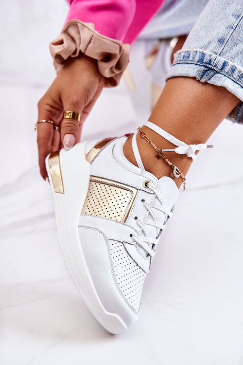 Damskie Skórzane Buty Sportowe Na Koturnie Białe Larson