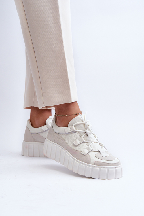 Damskie Skórzane Buty Sportowe Na Platformie M01/1 Zazoo Jasnobeżowe