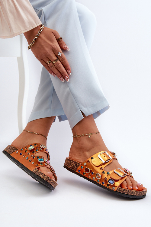 Zdobione Klapki Damskie Z Klamrami S.Barski MY121 Pomarańczowe