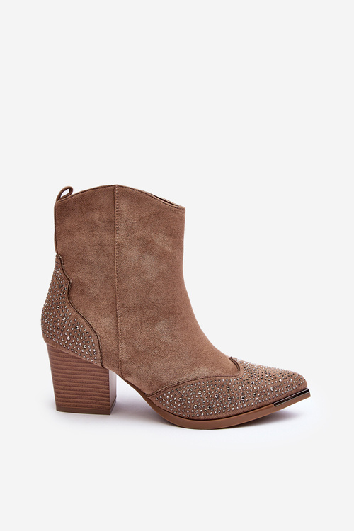 Damskie Zdobione Botki Kowbojki Na Słupku Beżowe Eleduana