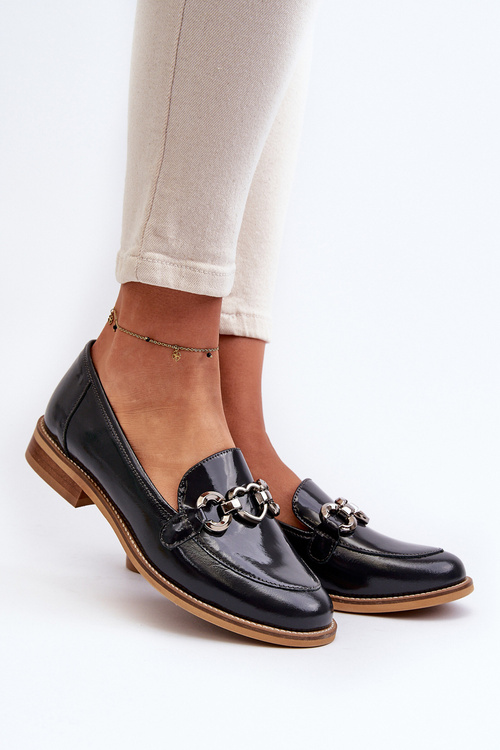 Skórzane Damskie Lakierowane Mokasyny Laura Messi 2760 Granatowe