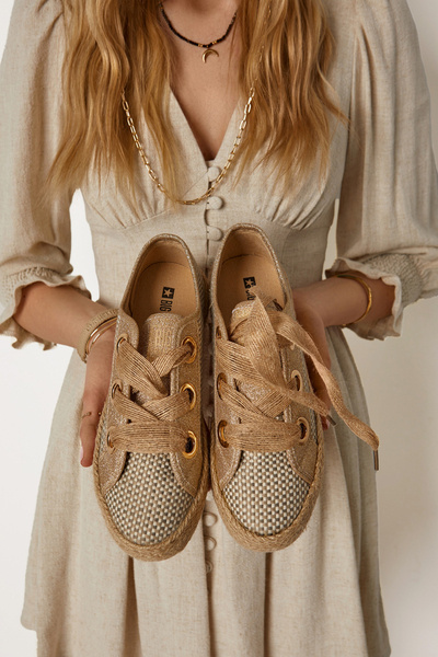 Damskie Plecione Tenisówki Big Star JJ274392 Beżowo-Złote