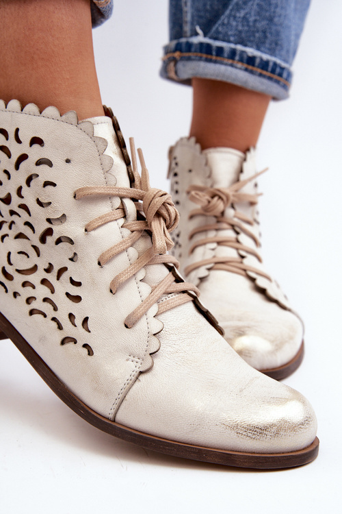 Zazoo 2871 Ażurowe Botki Damskie Sznurowane Złote Przecierane