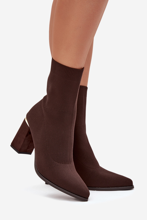 Materiałowe Wsuwane Botki Damskie Na Słupku Czekoladowe Virelle