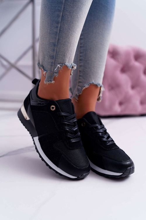 Sportowe Damskie Buty Siatka Zamsz Czarne Merido