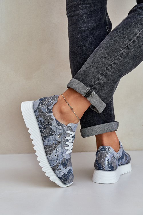 Zamszowe Wzorzyste Buty Sportowe Na Platformie Z Brokatem D&A LR51-635 Niebieskie