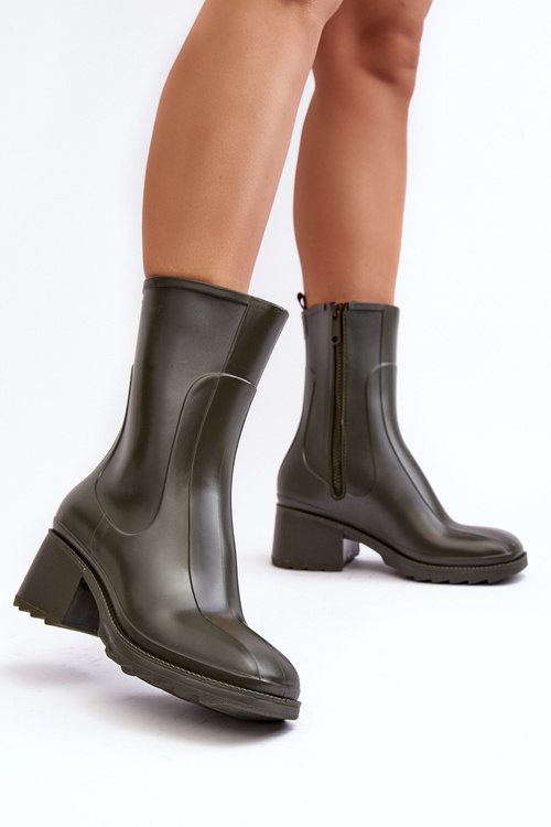Damskie Matowe Kalosze Botki Na Obcasie Ciemnozielone Bertaida