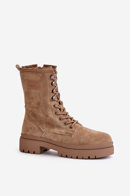 Botki Workery Damskie Na Zamek Z Eko Zamszu Ciemnobeżowe Savalann