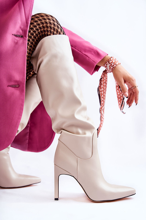 Skórzane Kozaki Na Szpilce Beżowe Rissa