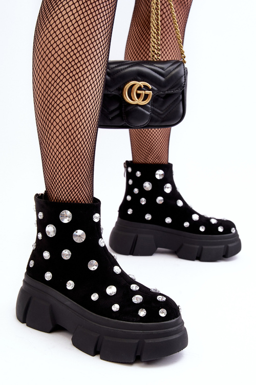 Zamszowe Ocieplane Botki Z Kryształkami D&A MR52-205 Czarne