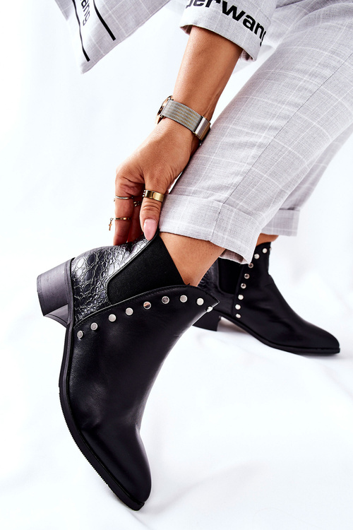 Damskie Botki Sztyblety Na Obcasie Czarne Barretos