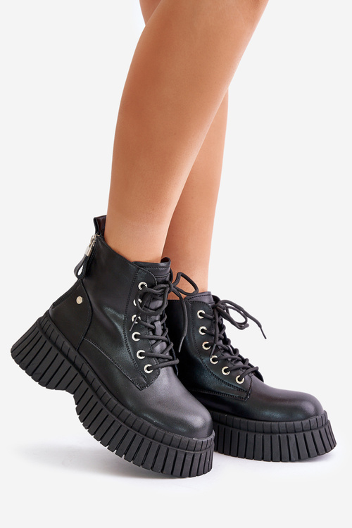 Ocieplane Skórzane Botki Trapery Na Masywnej Podeszwie GOE OO2N4126 Czarne