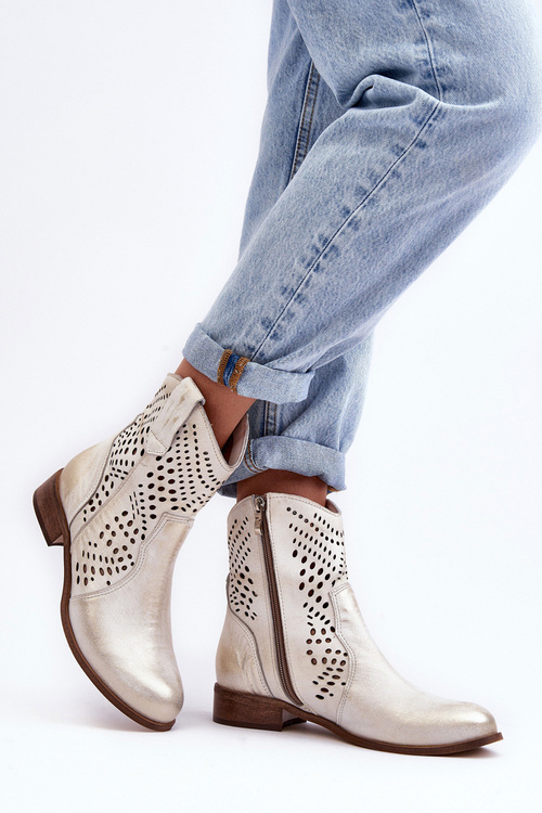 Zazoo 3305/2 Damskie Skórzane Ażurowe Botki Kowbojki Złote