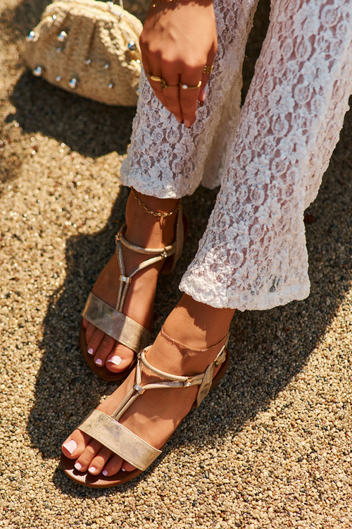 Damskie Płaskie Sandały Z Paskami S.Barski KV27-010 Złote