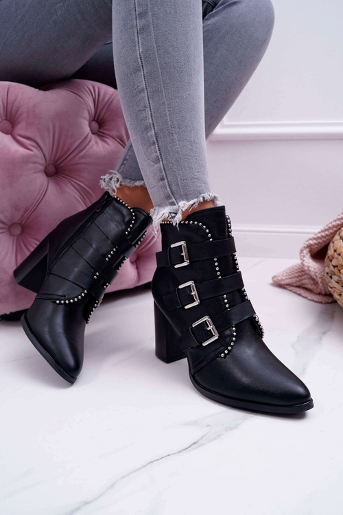 Botki Damskie Na Słupku Klamry Czarne Finbas