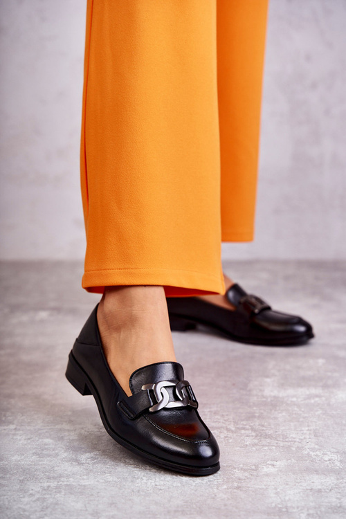 Modne Skórzane Półbuty Loafery Czarne Trine