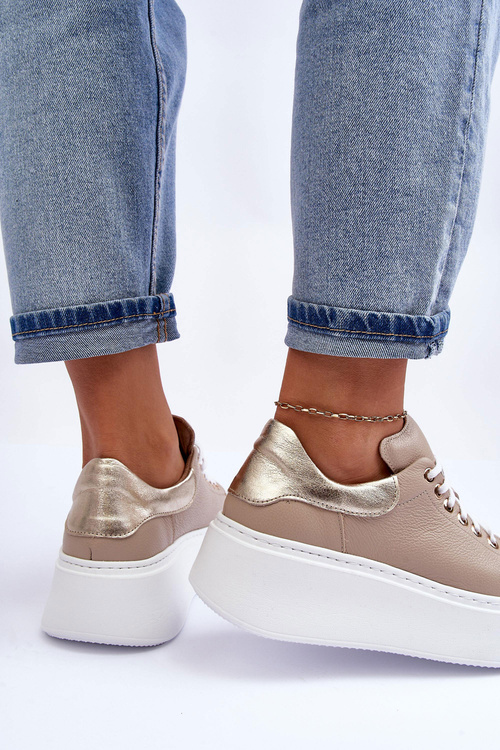 Damskie Buty Sportowe Skórzane na Platformie Beżowe Lemar 10150