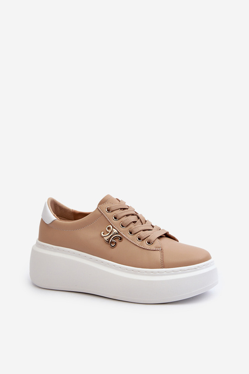 Skórzane Sneakersy Damskie Na Platformie Brązowe Pernalia