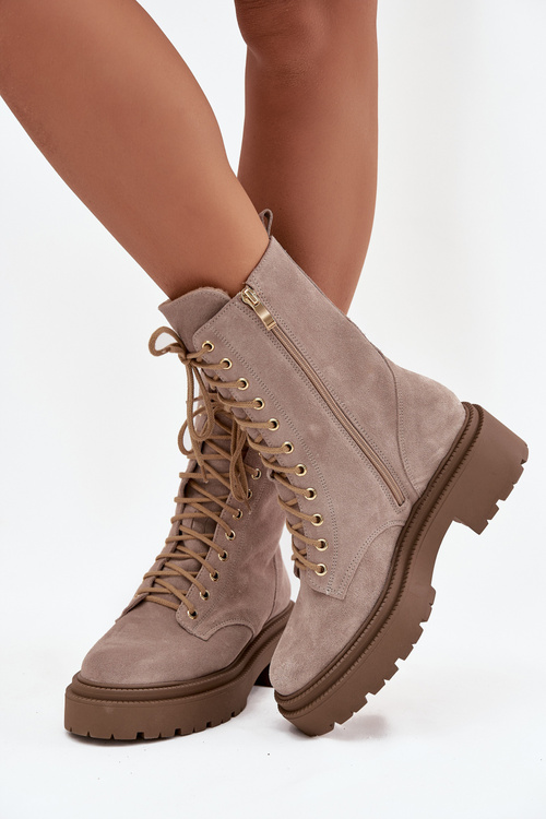 Botki Workery Damskie Z Naturalnego Zamsz Ocieplane Zazoo 4213 Beżowe