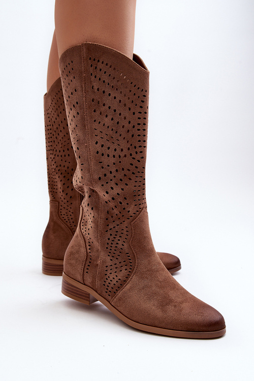 Ażurowe Kozaki Do Połowy Łydki Brązowe Kleorelia