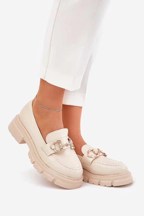 Mokasyny Damskie Eko Skórzane Ze Złotym Detalem Beżowe Ravalissea