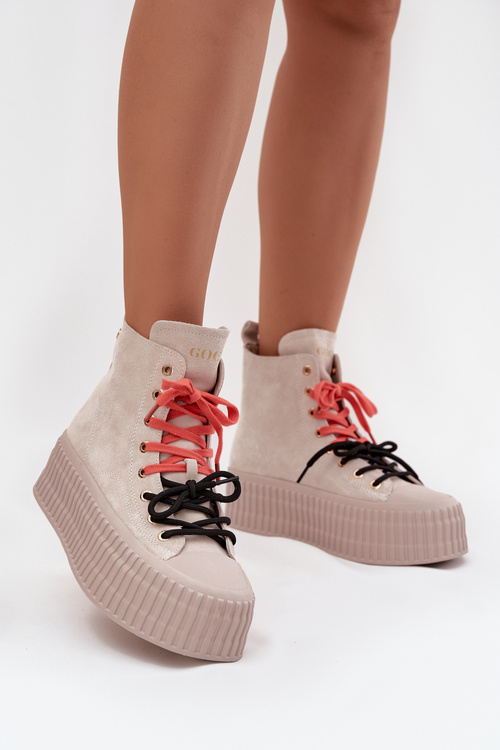 Zamszowe Ocieplane Trampki Damskie Na Masywnej Platformie GOE SS2N4047 Beżowe