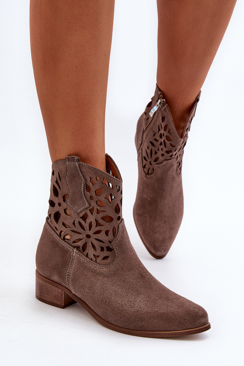 Zazoo 3404 Ażurowe Botki Kowbojki Na Niskim Obcasie Zamszowe Brązowe