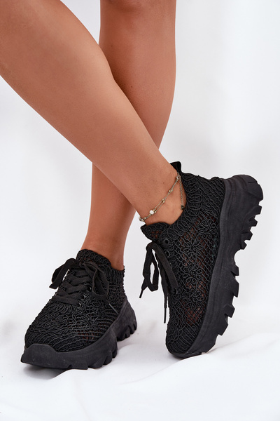Sneakersy Damskie Z Szydełkową Cholewką Czarne Jelhiris