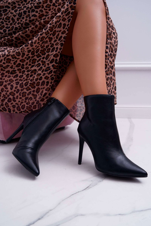 Botki Damskie Na Szpilce W Szpic Czarne Ocieplane Potame