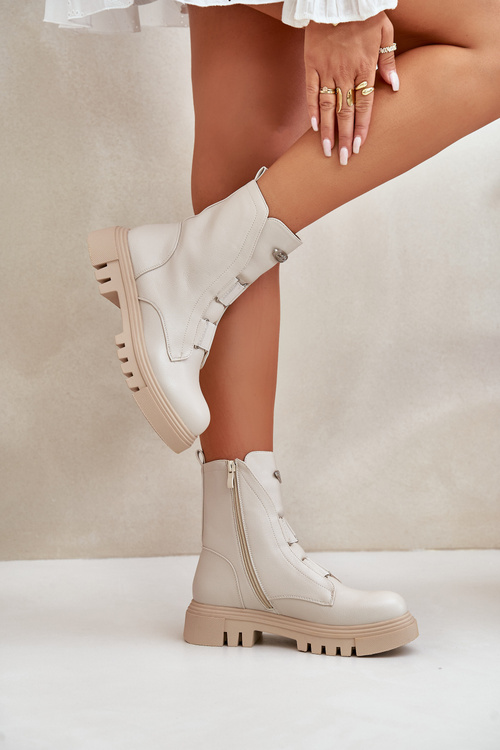 Ocieplane Botki Workery Damskie Na Zamek Eko Skórzane Jasnobeżowe Mailyra