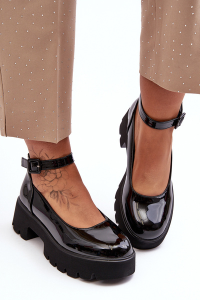 Damskie Lakierowane Półbuty Na Niskim Obcasie Z Klamrą Czarne Owena