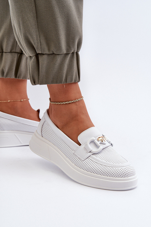 Skórzane Mokasyny Damskie Na Platformie Białe S.Barski LR720