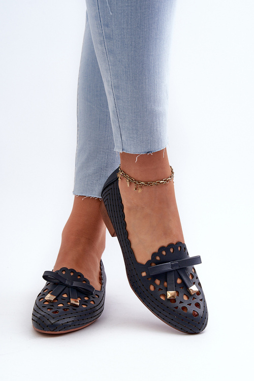 Ażurowe Baleriny Damskie Z Kokardką Granatowe Nestavia