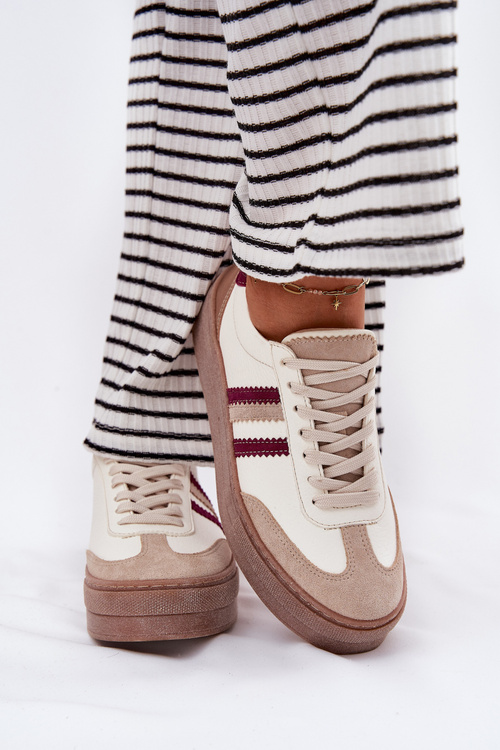 Skórzane Sneakersy Damskie Na Platformie Zazoo N1234 Beżowo-Bordowe