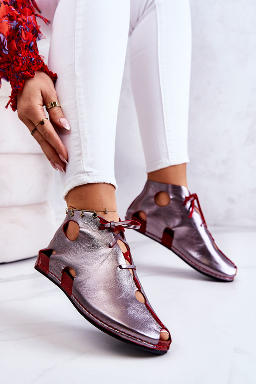 Lekkie Skórzane Botki Maciejka 03426-20 Srebrno-Czerwone