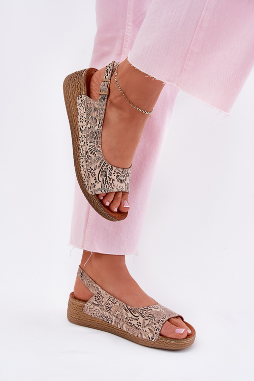 Skórzane Sandały Damskie Na Koturnie Maciejka L7069-04 Beżowe