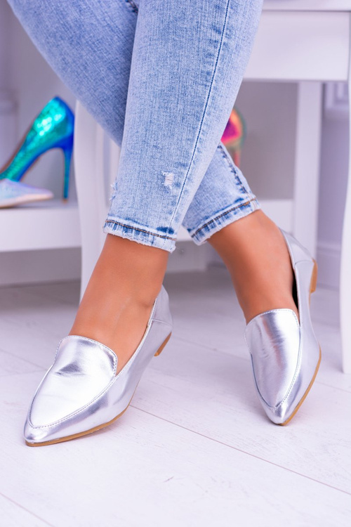 Srebrne Lustrzane Mokasyny Damskie Lu Boo Mireldo