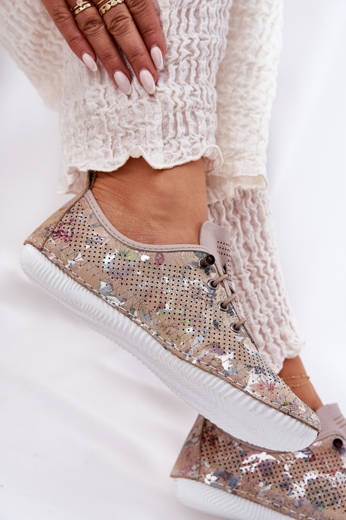 Półbuty Damskie Ze Skóry Naturalnej Wzorzyste Artiker 56C2689 Beżowe