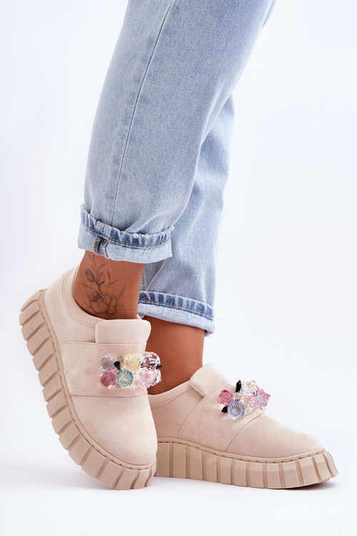 Modne Wsuwane Buty Sportowe Półbuty Z Ozdobą Beżowe Desire