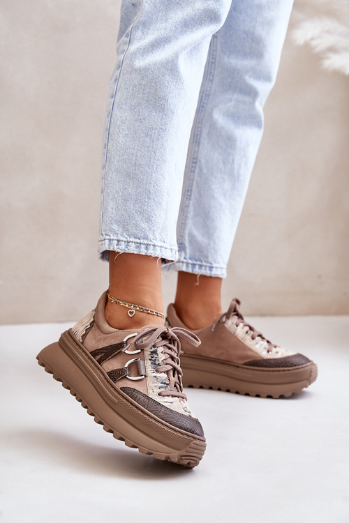 Skórzane Sneakersy Damskie Na Platformie Maciejka 06562-10 Ciemnobeżowe