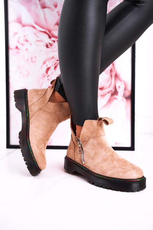 Damskie Botki Sztyblety Z Kolorowym Przeszyciem Zamszowe Beżowe Addison