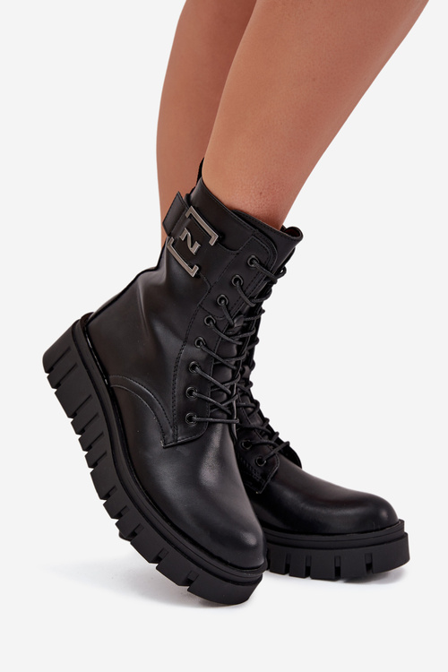 Botki Damskie Na Platformie Z Ozdobnym Detalem Ocieplane Czarne Lyrana