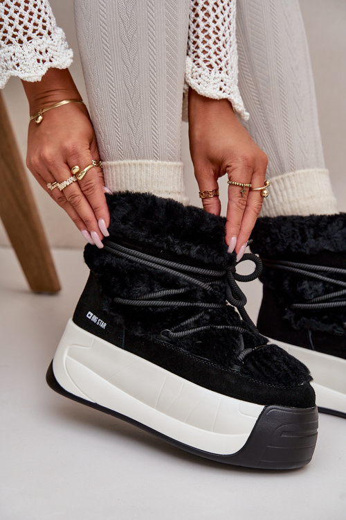 Skórzane Śniegowce Damskie Na Grubej Podeszwie Z Futerkiem Big Star OO274A206 Czarne