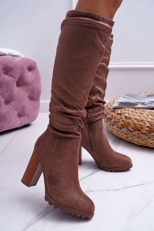 Kozaki Damskie Na Słupku Zamszowe Khaki Marion