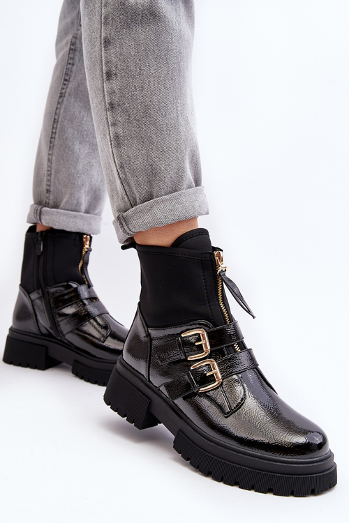 Lakierowane Botki Damskie Na Płaskim Obcasie Czarne Rellisa