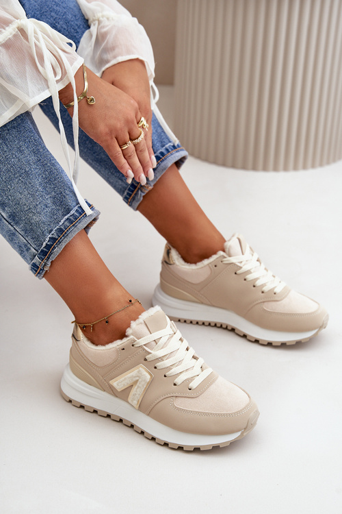 Sneakersy Buty Sportowe Damskie Ocieplane Kożuchem Beżowe Ciamara