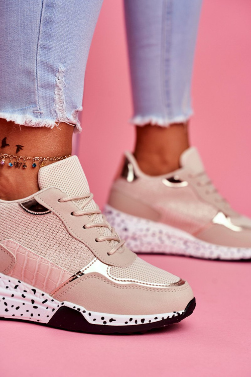 Sportowe Damskie Buty Ukryty Koturn Beżowe Mollen