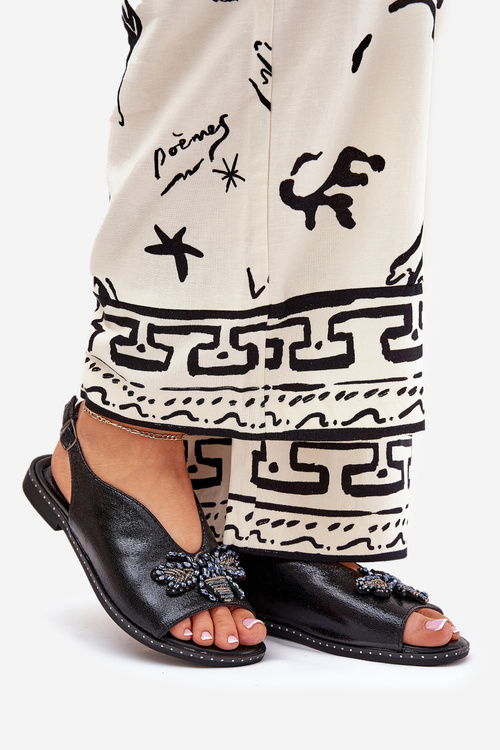 Połyskujące Sandały Damskie Z Ozdobą Płaskie Czarne Russona