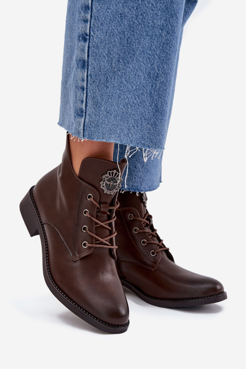 Niskie Botki Damskie Na Płaskim Obcasie Z Ozdobnym Detalem Ocieplane Brązowe Cylira