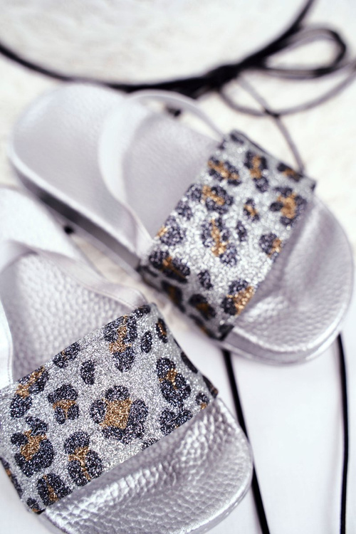 Dziecięce Klapki Dziewczęce Brokat Leopard Srebrne Rimia